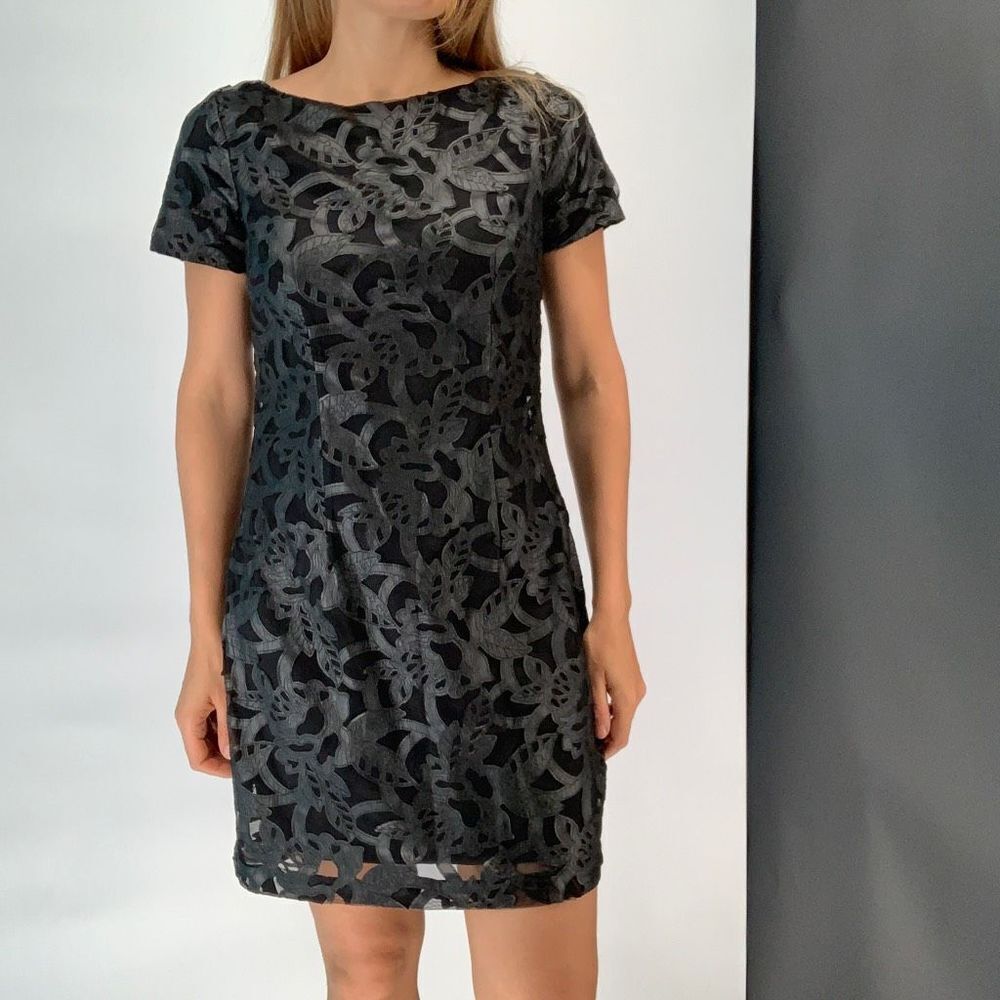 ALEXIA ADMOR Black faux leather lace cocktail dress s